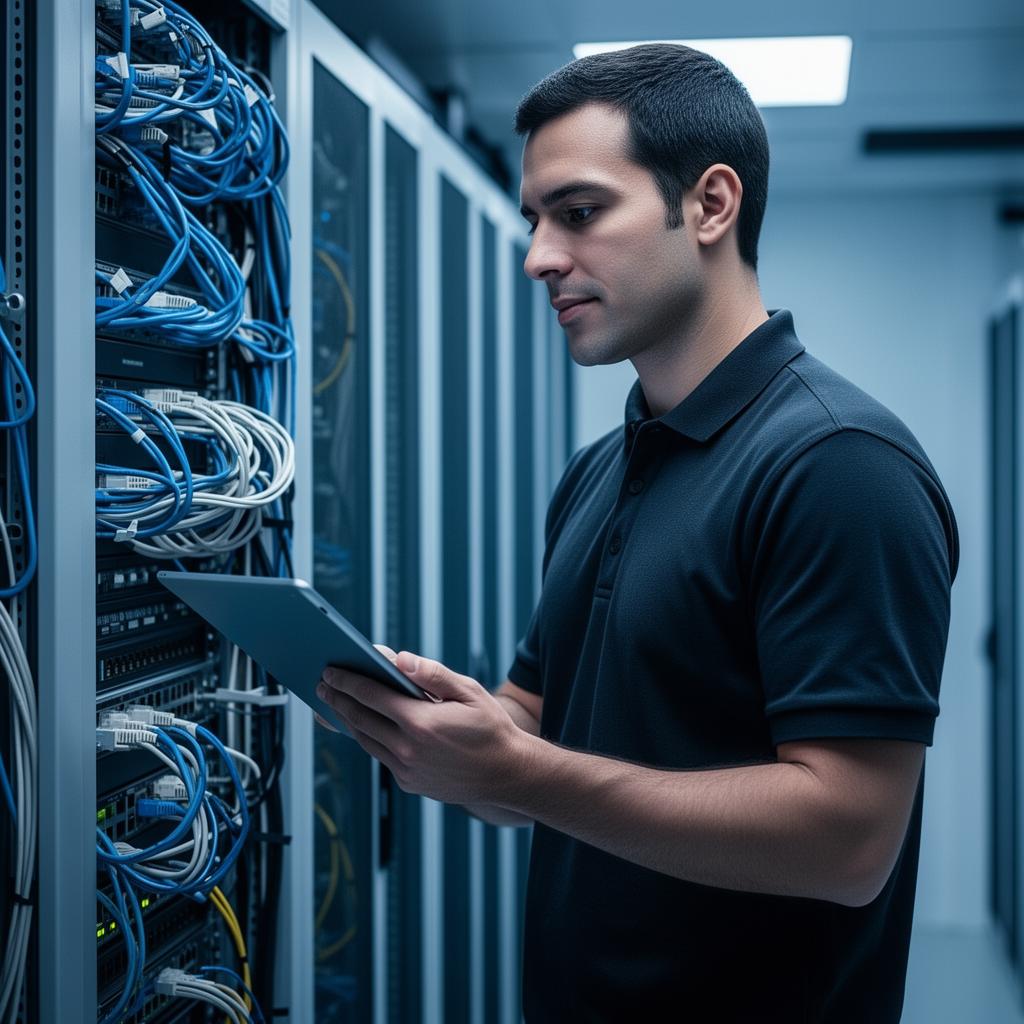 IT technician working on network server equipment